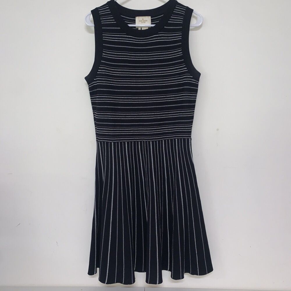 Kate Spade Womens M Black Striped Fit and Flare Stretch Sleeveless Dress Office